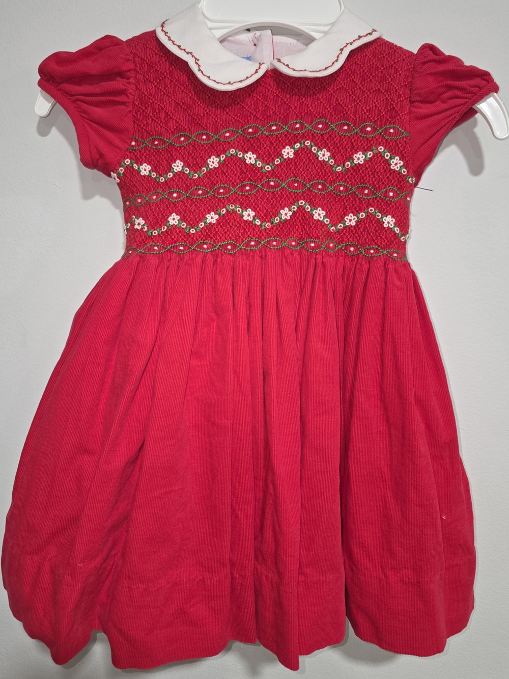 Anavini Girls' Red Smocked Dress with White Peter Pan Collar